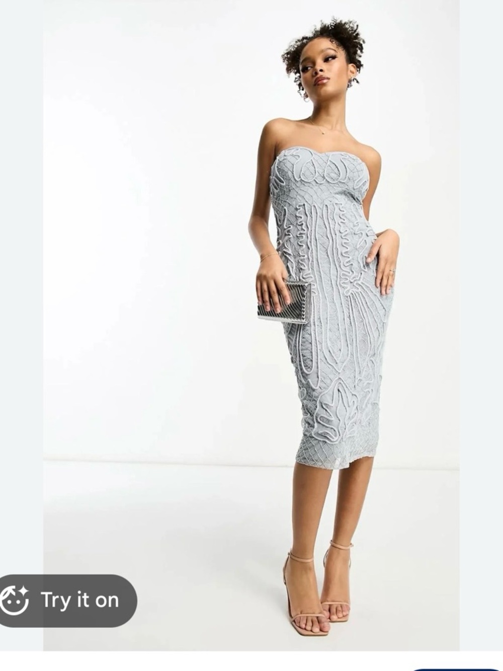 ASOS Design Cornelli Sequin Midi Dress 10 Blue Silver Strapless Formal Party